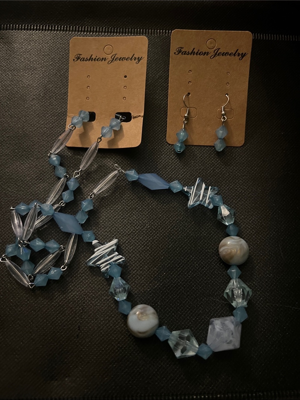 Fashion Jewelry Light Blue Beaded Necklace with Matching Drop Earrings